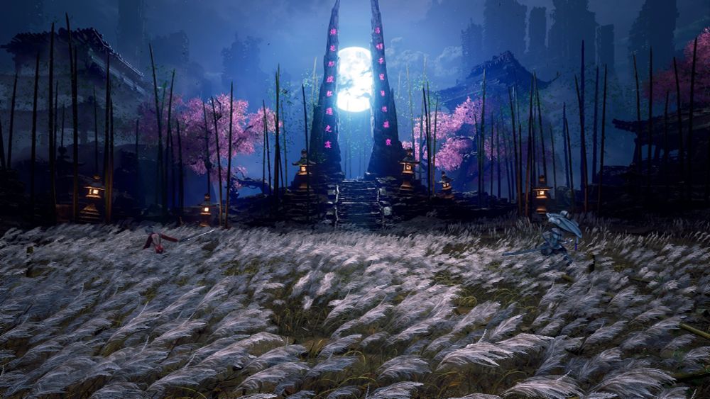 Eve of Stellar Blade spars with Scarlet from Goddess of Victory Nikke in the Moonlit Valley in a field of silver grass and bamboo
