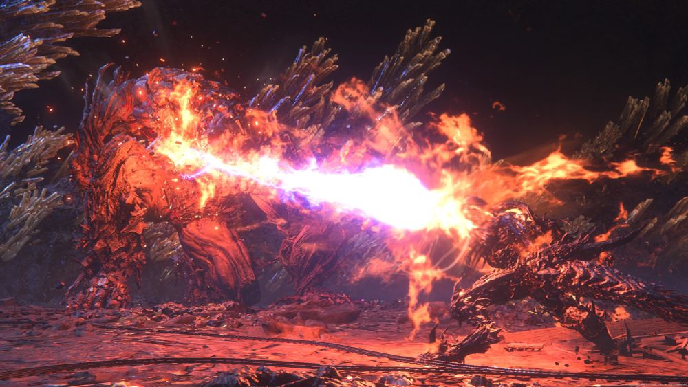 Ifrit breathes fire at Titan during their Eikon battle