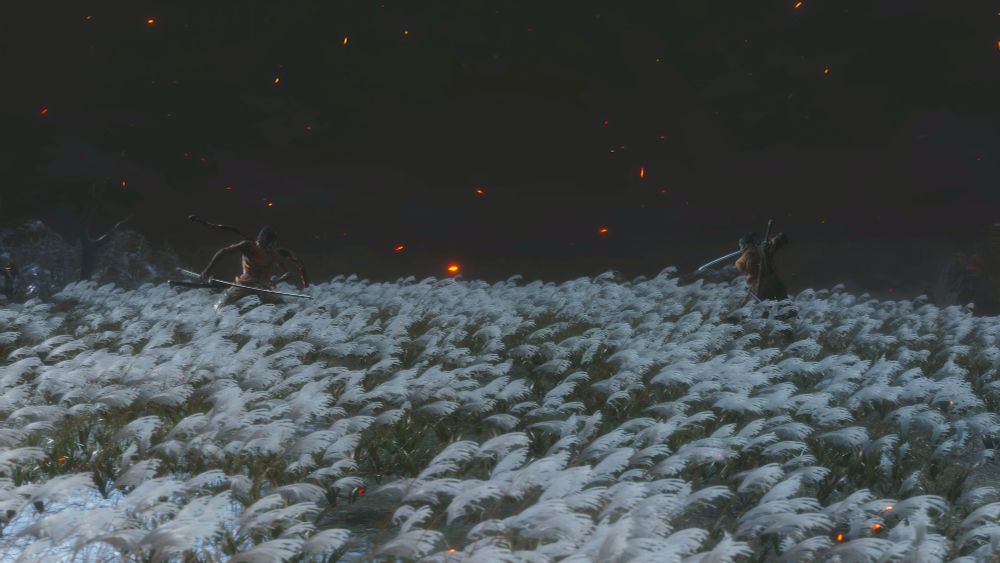 Sekiro faces off against Genichiro in the final battle in a field of silver grass