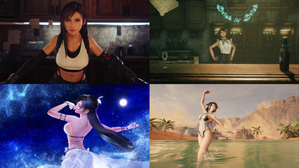 Tifa from Final Fantasy VII compilation and Eve from Stellar Blade pose as bartenders and strike an elegant pose in bikinis