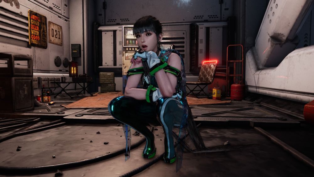 Eve from Stellar Blade squats down with a surprised face