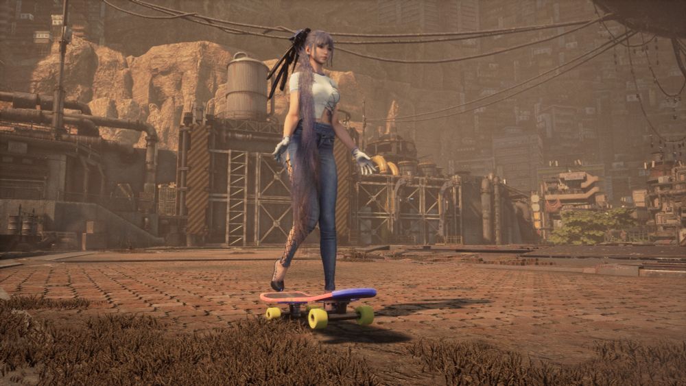 Eve place her foot on the tail of a skateboard in Xion