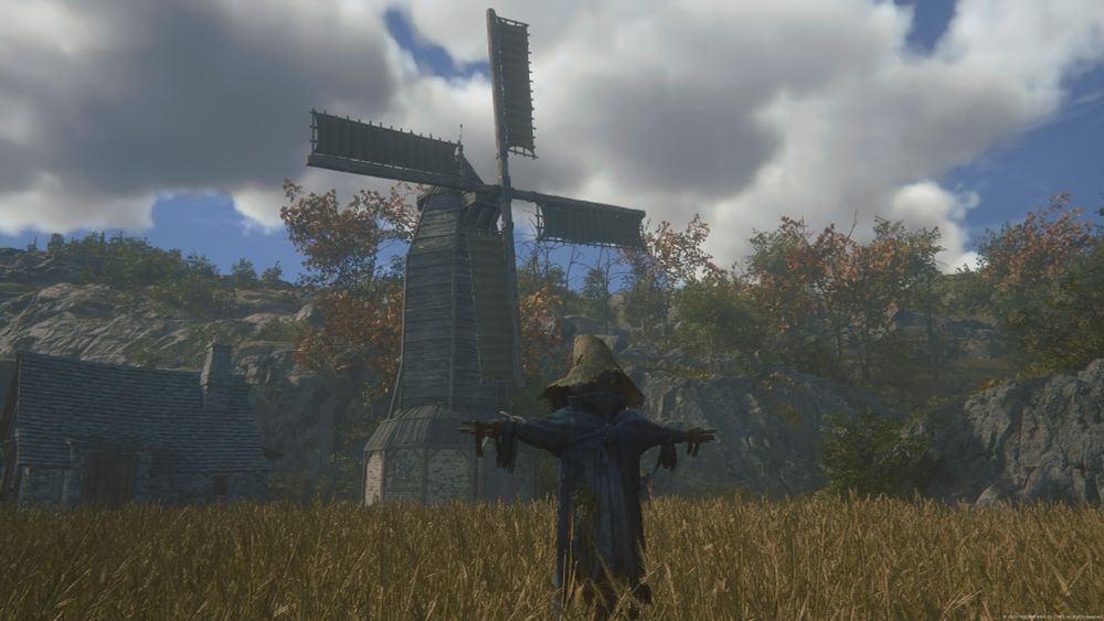 A black mage scarecrow still stands in an abandoned farm in the Rosaria region