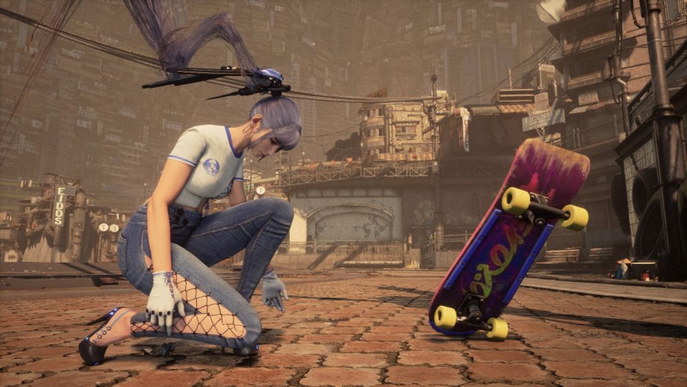 Eve can't stick the landing while trying to perform a "trick" on a skateboard in Xion