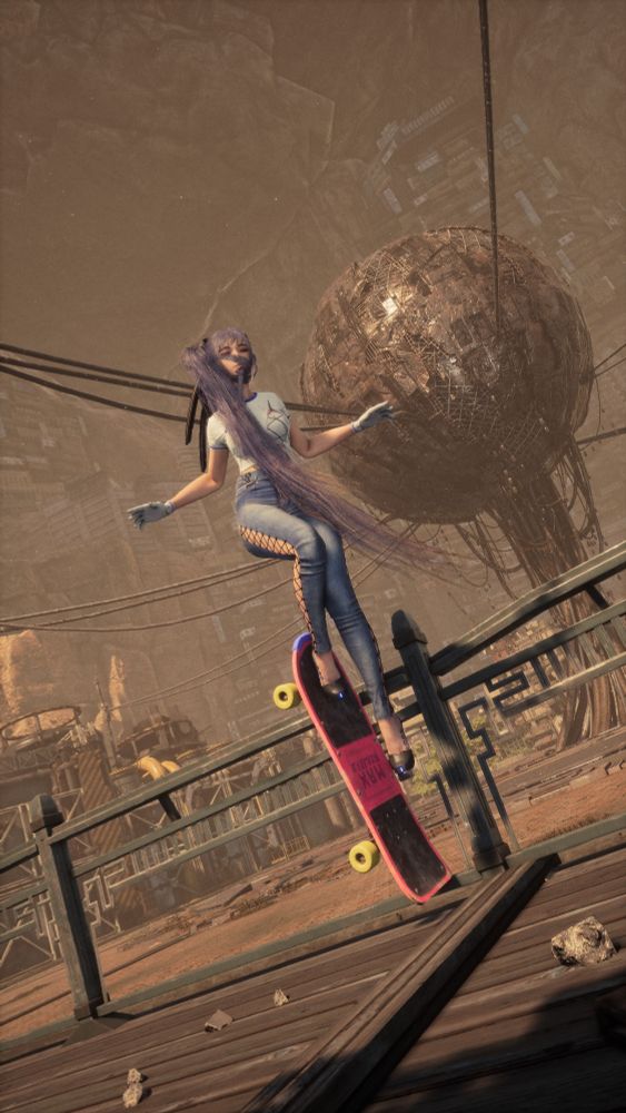 Eve in the middle of performing an ollie with a skateboard found in Xion