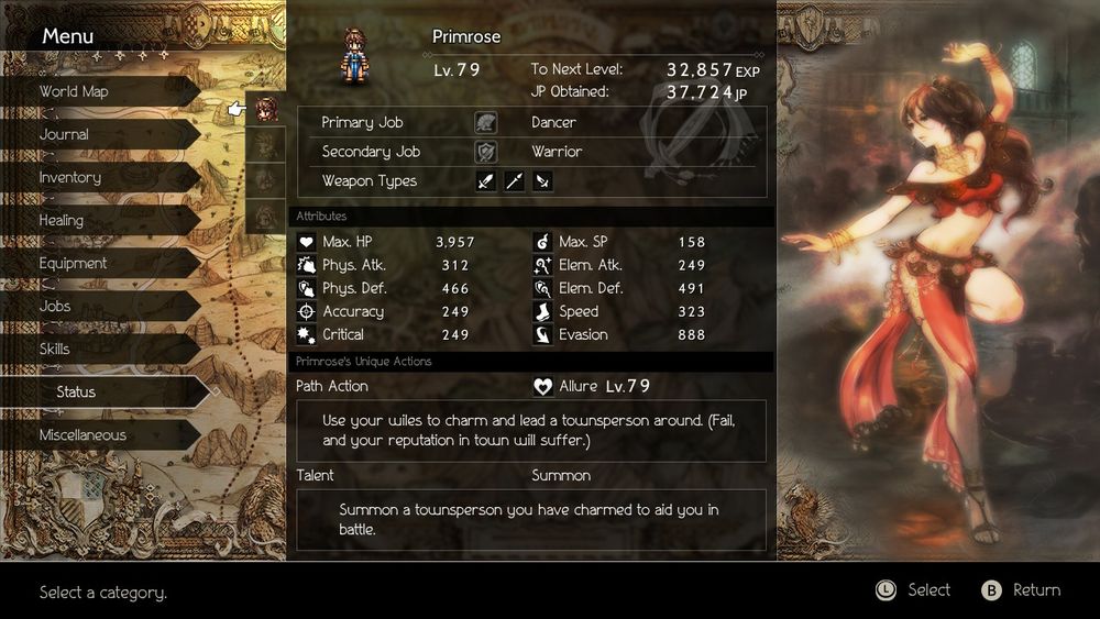 Screenshot of Primrose's stats of Octopath Traveler notably showing 888 in evasion
