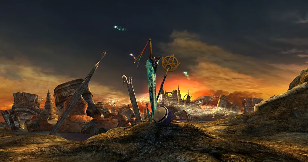 The weapons of the party from Final Fantasy X are stuck in or sit on the ground on the way to Zanarkand