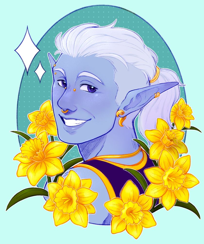 Air Genasi masc character smiling portrait surrounded by yellow daffodils