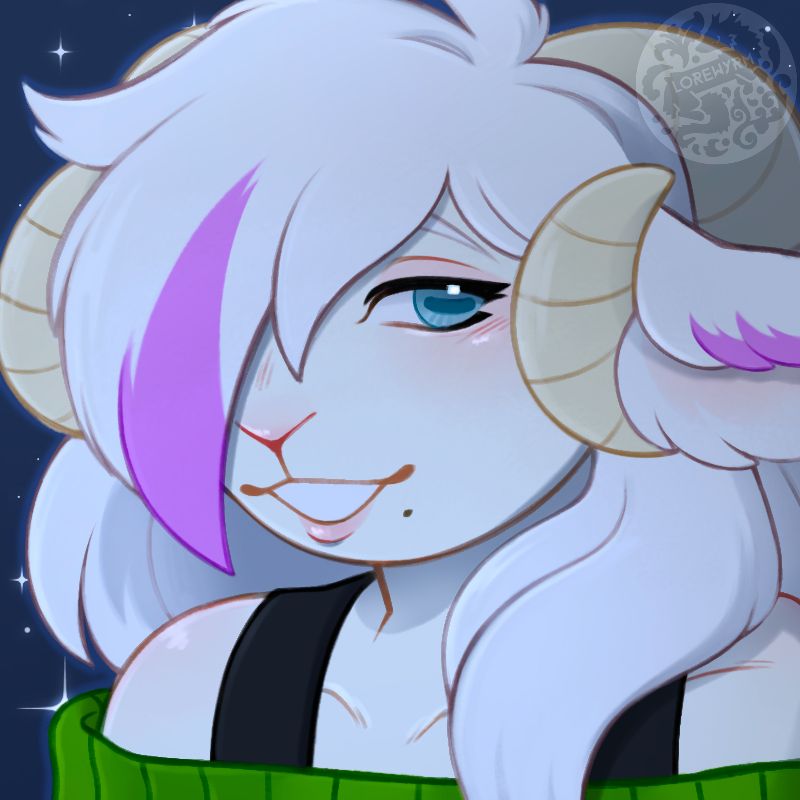 anthro sheep/ram girl against a starry night sky with a purple streak in her white hair