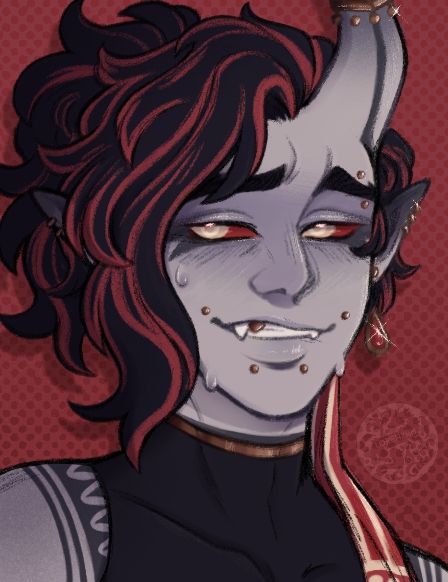A Grey skinned tiefling with one horn smiles awkwardly. They have black hair with red streaks throughout tied up into a ponytail. They have a few bronze-gold colored piercings on their face, ears and horn as well as a gold tooth.