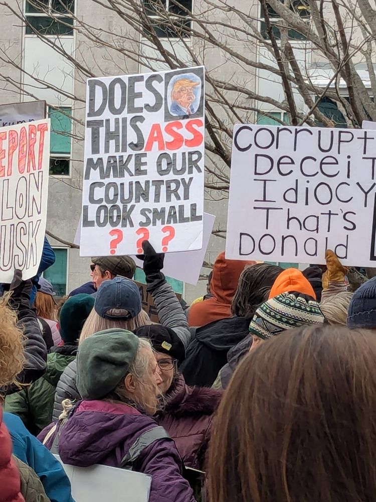 A crowd of tightly packet Mainers hold up signs at the protest in Augusta, including "Does this ass make our country look small???"