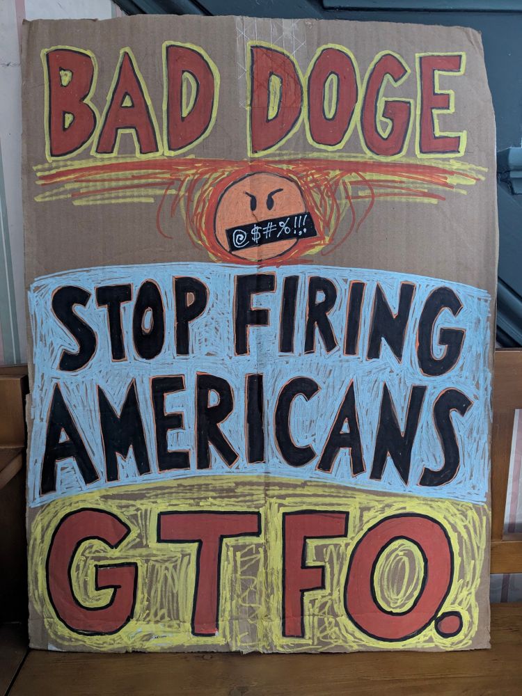 My hand painted protest sign for "not my president day" reads 
BAD DOGE 🤬 
STOP FIRING AMERICANS 
GTFO. 