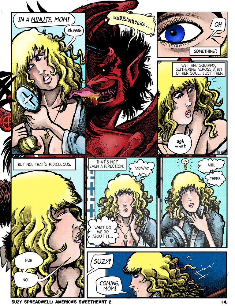 Suzy after a shower, with Satan molesting her from off panel.