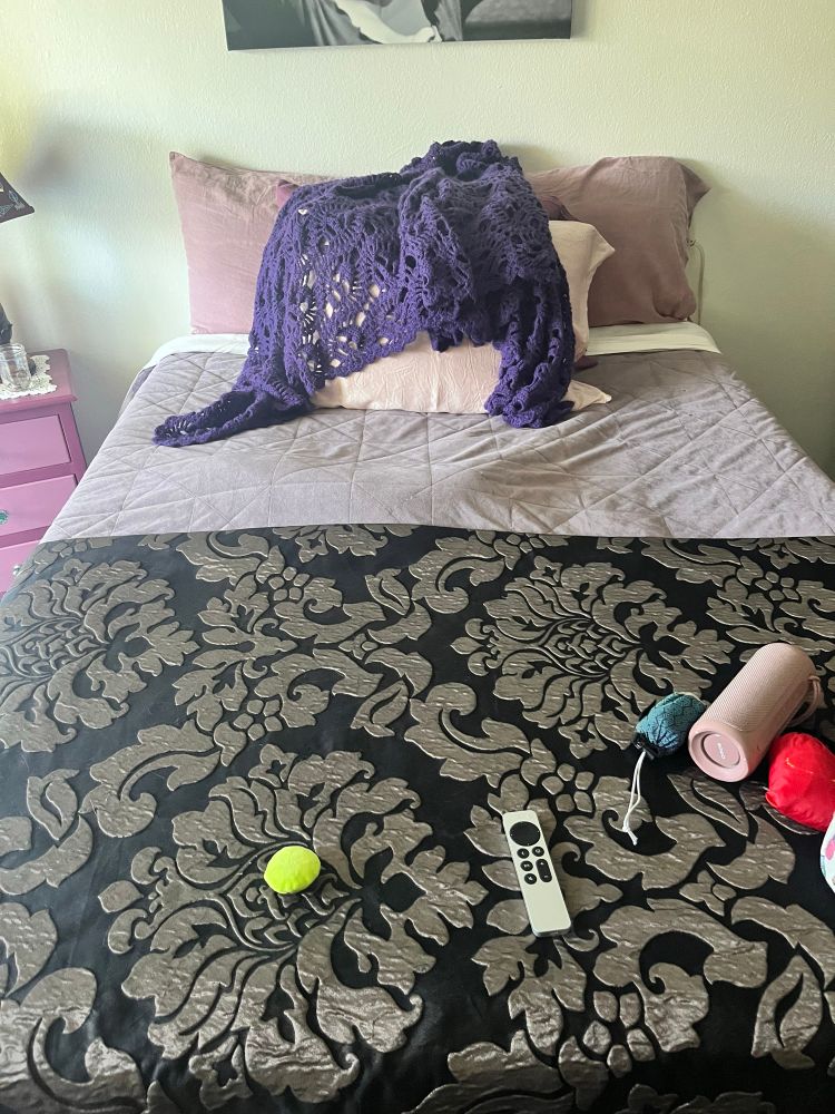 We see a full size bed made up with a light purple velvet bedspread, and a black and gold tapestry draped over the end. There are a few pink pillows at the top of the bed and a purple crocheted Afghan draped above them various things sit on the tapestry like an apple TV remote And a Bluetooth speaker. Next to the bed is a pink and purple painted nightstand. Under the velvet bed cover is a large lump, which is representative of the cat under it