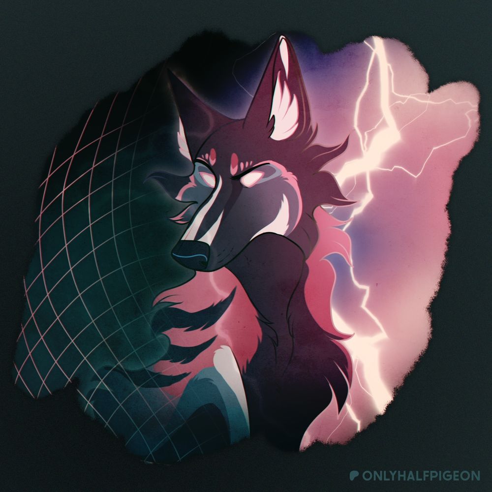 A bust of a feral canine character against an abstract pink and teal background. Half of the background has a pink and blue grid on it and the other half has pink clouds with white lightning.