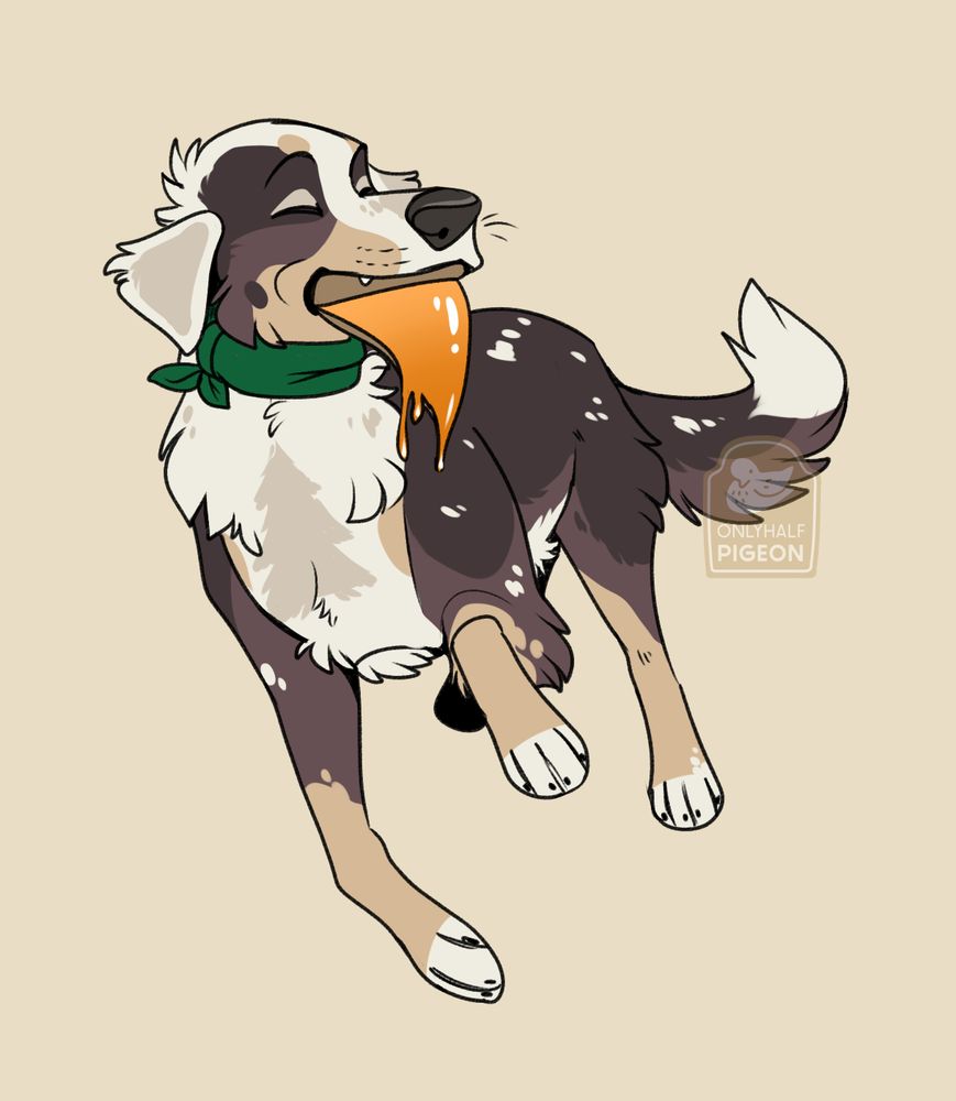 A floppy eared dog jumping while holding a slice of pizza dripping cheese in her mouth.