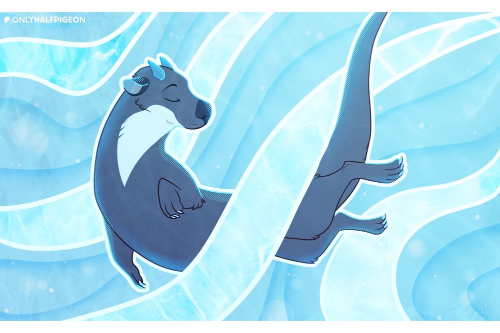 An otter character floating in abstract water, with the currents flowing over and behind them.