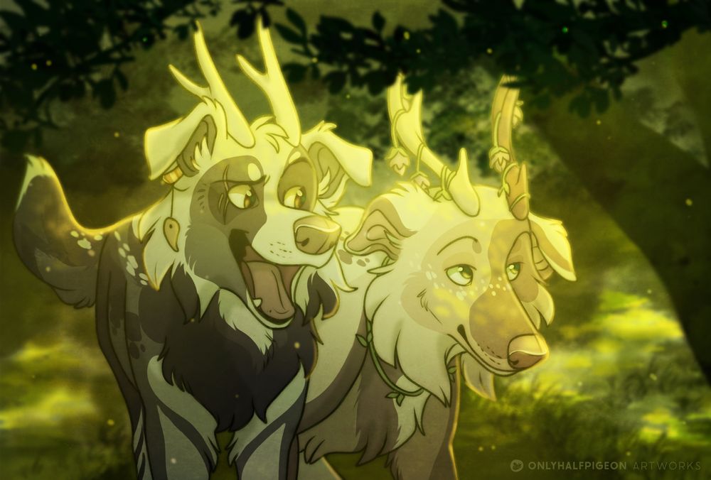 An illustration of two feral canine characters walking in a warm green forest with leaves and trees framing them.