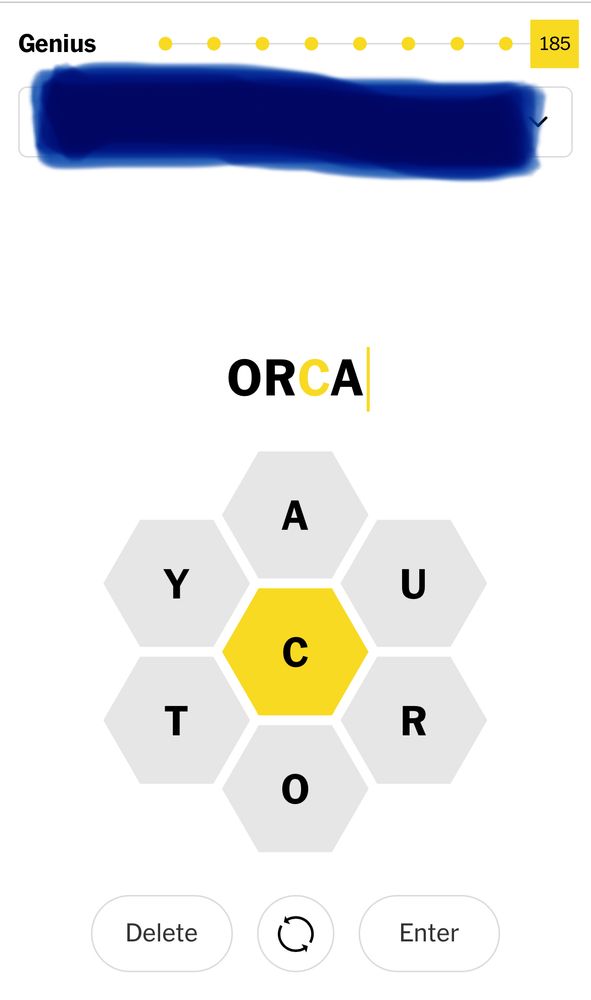 Today’s NYT Spelling Bee can spell “ORCA” as a valid play.