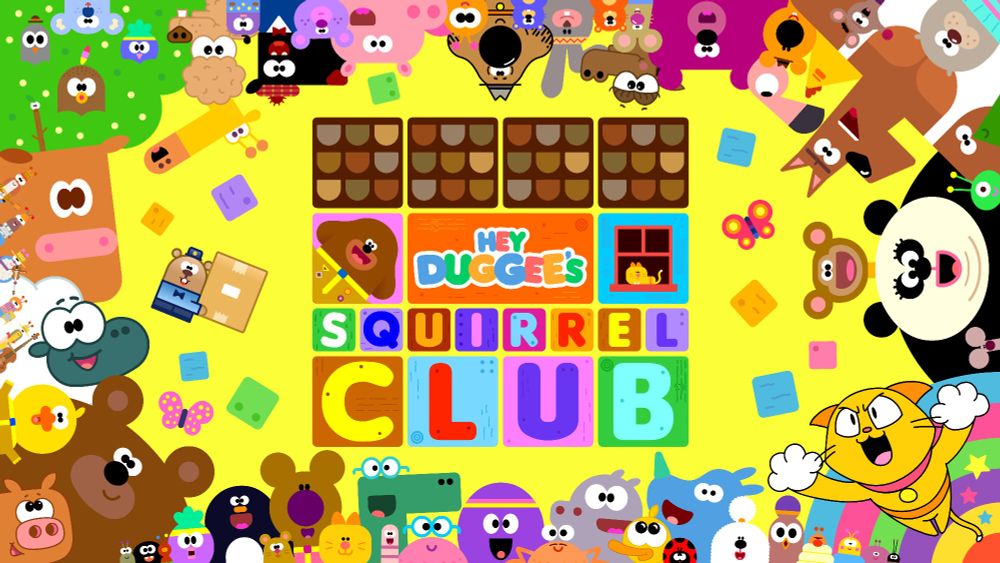 Hey Duggee's Squirrel Club logo surrounding by all the characters 