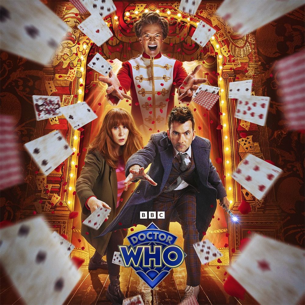 Promotional picture for The Giggle: The Doctor, Donna and the Toymaker surrounded by playing cards.