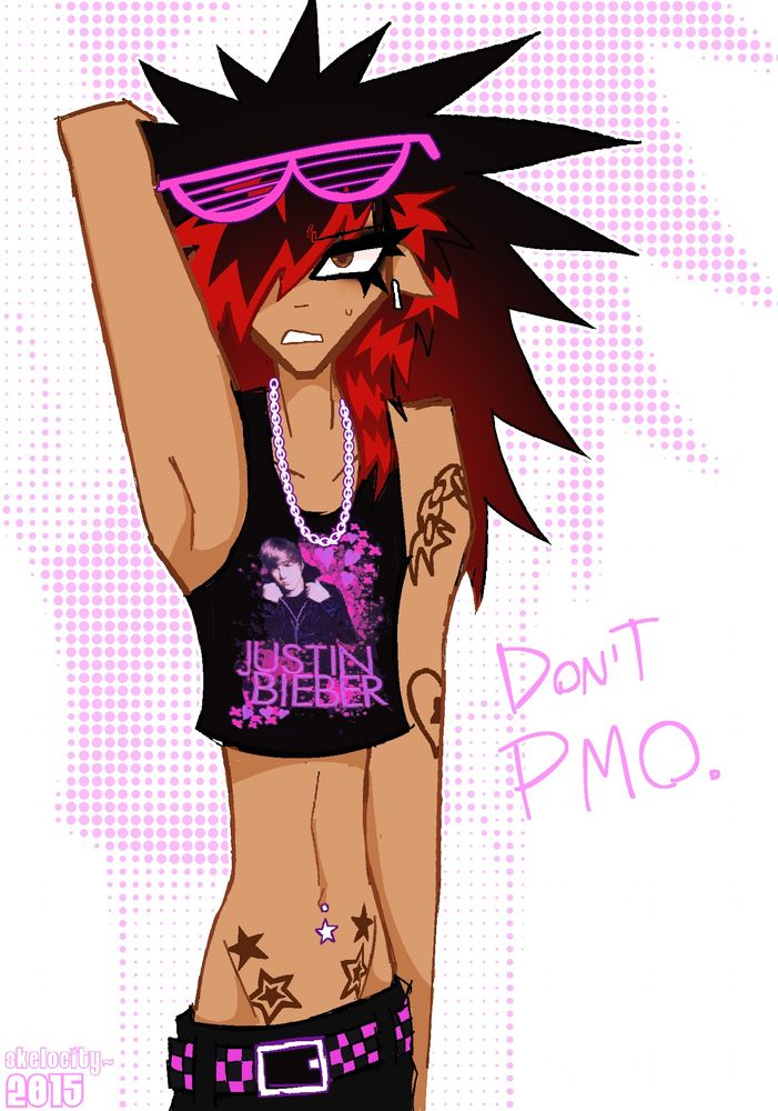 Digital drawing of a TWINK. 
Pierre (underweight tan male) wearing a cropped top with justin bieber on it, for some reason. He's posing with one of his hands behind his head, he has an annoyed expression on his face. There's written text next to him reading 'don't PMO' (don't piss me off). The background has pink halftones in it. Average skelocity drawing