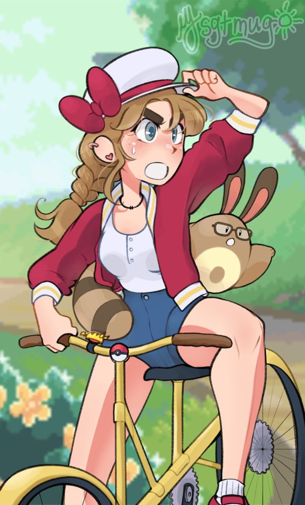 illustration: mug is wearing an outfit inspired by lyra pokemon. she’s riding a yellow bike through national park. a sentret with glasses sits with her on the bike and is trying to help point her in the right direction.