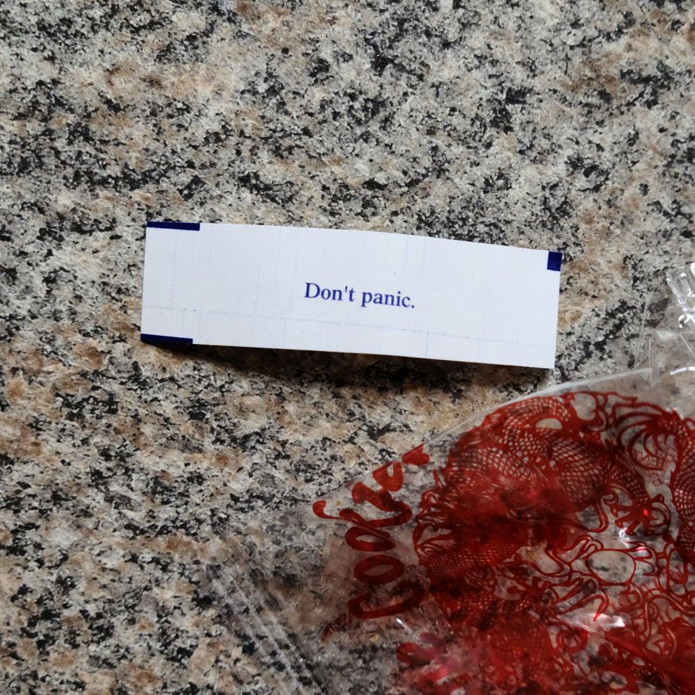 Fortune cookie message that reads "Don't panic."
