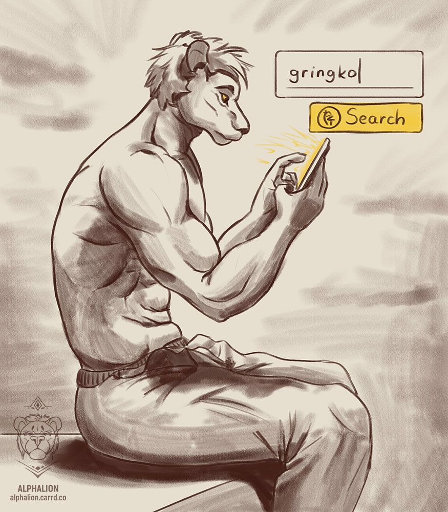 A buff, shirtless anthropomorphic lion is sitting down, using his phone to find the meaning of "gringko" lol