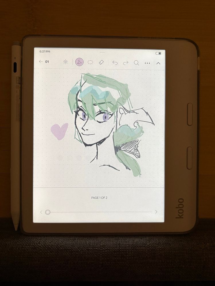 Picture of a Kobo libra colour, showcasing a drawing made on it. The drawing is a bust of a female aura (final fantasy xiv race), the drawing is very sketchy because of the limited tool of the e-reader.