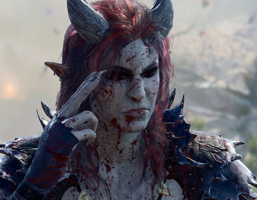 Bust VP of my Dark Urge oc Diss; Fem bodied, pale grey tiefling with black and silver streaked hair put up in a half bun. They got dark circles around their ice blue eyes, with a red crest on the side of them. As well having pierced ears, a septum ring and short twisted horns.
They wear a necklace with crow skulls and bones. As well wearing dark, torn leather plates over their shoulders.
They look annoyed