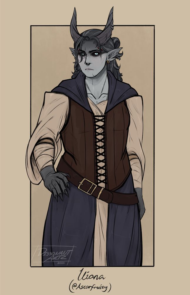 Half-body artwork of my Dark Urge oc Diss; Fem bodied, pale grey tiefling with black and silver streaked hair put up in a half bun. They got dark circles around their ice blue eyes, with a red crest on the side of them. As well having pierced ears, a septum ring and short twisted horns.
They are resting a hand on their hip, looking slightly to the side with an annoyed look. They wear a brown leather corset. Under it is a long sleeveless dark blue cardigan with a big hood, as well an egg white, loose fit dress under with big poofy arms. A leather belt is seen resting over their hips