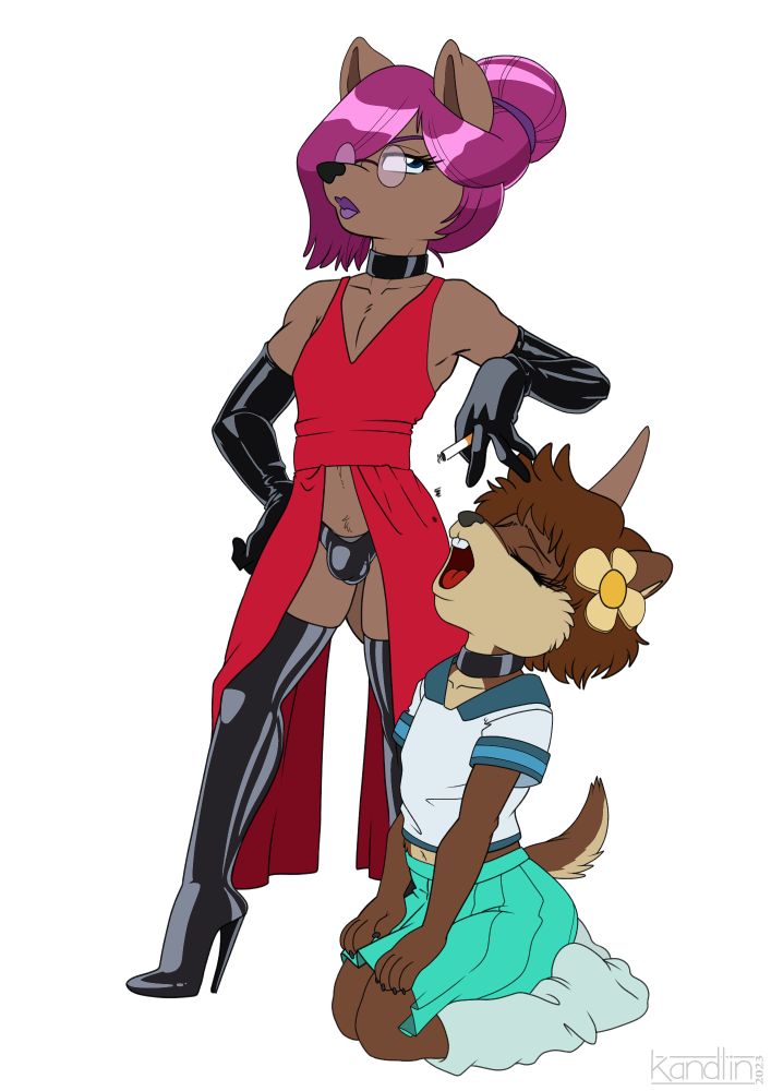 A crossdressing otter femboy dominatrix is using a crossdressing chipmunk femboy as his ashtray.