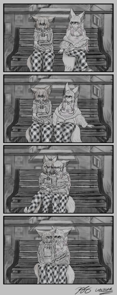 A four panel comic featuring two kitsunemimis sitting on a bench together.