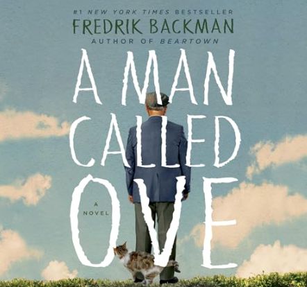 "A Man Called Ove" on the screen as a man and his cat face with their backs to screen. The man appears to be standing on the edge of a cliff