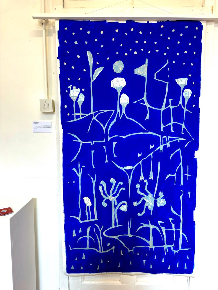 Very large and blue, semi abstract painting showing two kangaroos, the artist and his nephew all looking up at the night sky. 