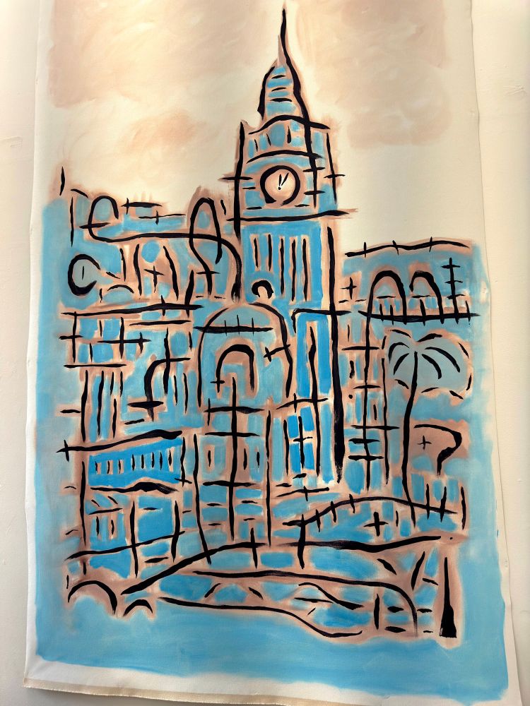 A large, semi abstract, pale blue painting of the skyline in Edinburgh, with a large clock in a tower showing the time as 12.05, which is the time the artist's show starts at the edinburgh festival.