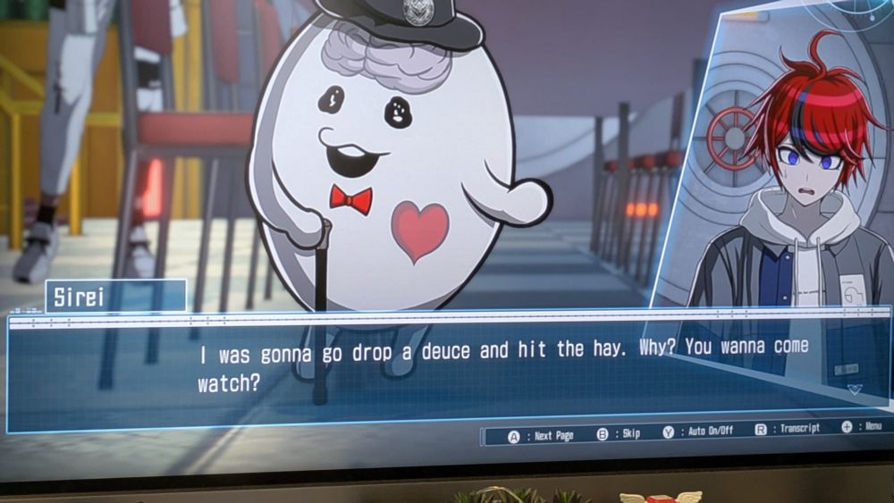 A screenshot of Sirei from The Hundred Line: Last Defence Academy saying "I was gonna go drop a deuce and hit the hay. Why? You wanna come watch?"