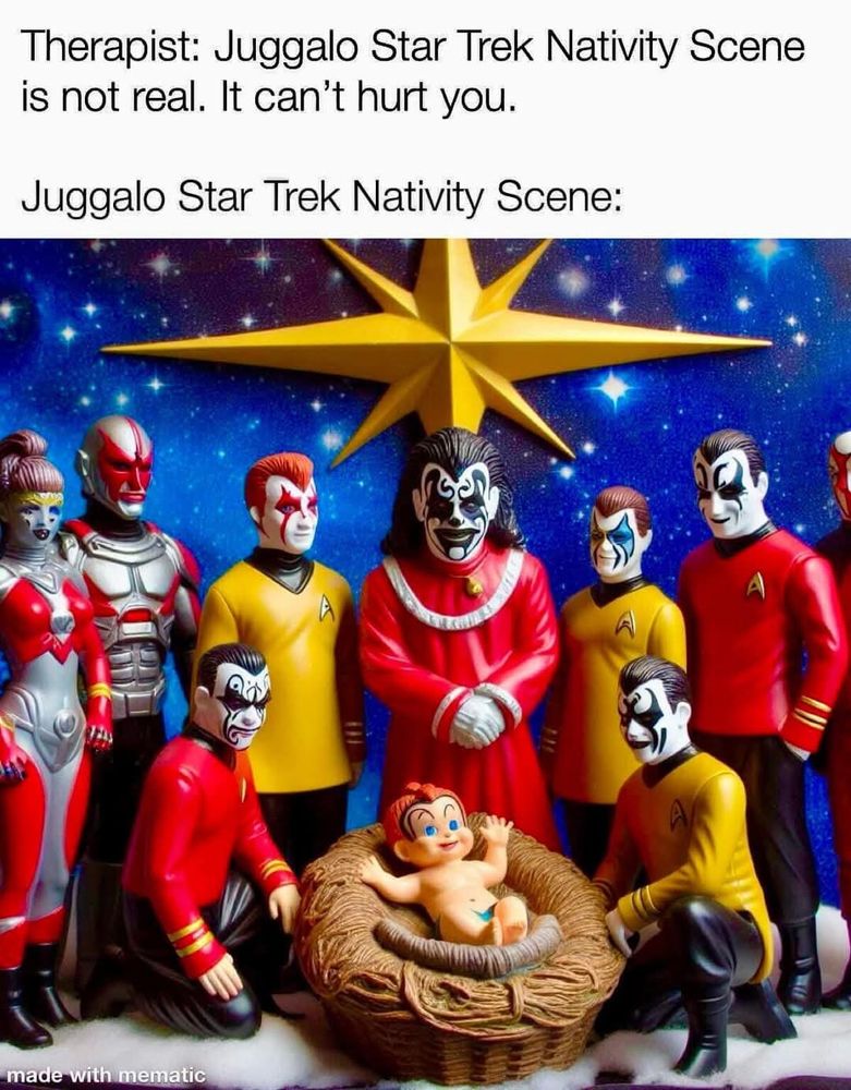Pictured is a toy Nativity set with most of the characters' clothes painted as Star Trek uniforms with red or gold tops and black pants. Most of the characters have black and white stylized clown make up in the Juggalo style, although a few have different colors instead of black, such as red or teal.
Even the baby in the manger has makeup,  as well as bright red colored hair.