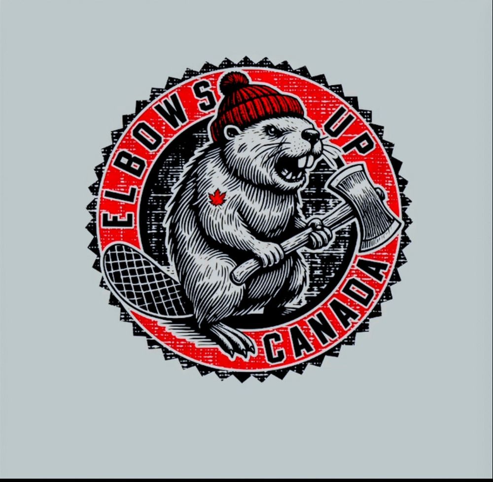 A mean looking beaver with its teeth out, a hatchet in its paws and a red touque on, inside a red circle with the words elbows up Canada!