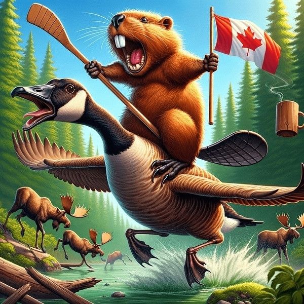 A beaver riding a Canada goose charging ahead from a river surrounded with a forest with several moose in the background.