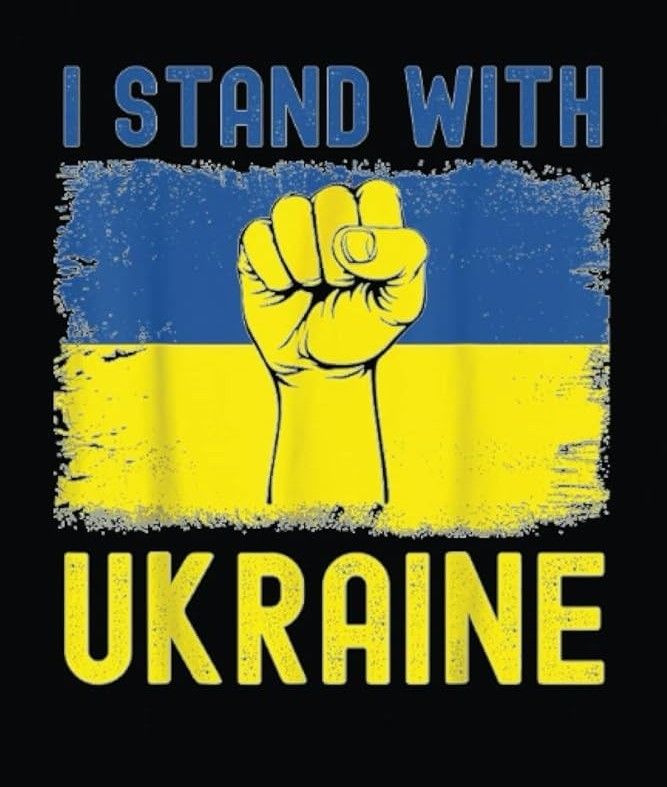 A rectangle with half blue and half yellow with a fist up surrounded by the saying i stand with Ukraine.
