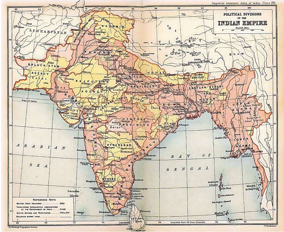 Map of the British Indian Empire from Imperial Gazetteer of India, 1909. Gwalior is located in one of India’s Princely States, coloured yellow on the map, which were semi-autonomous territories.