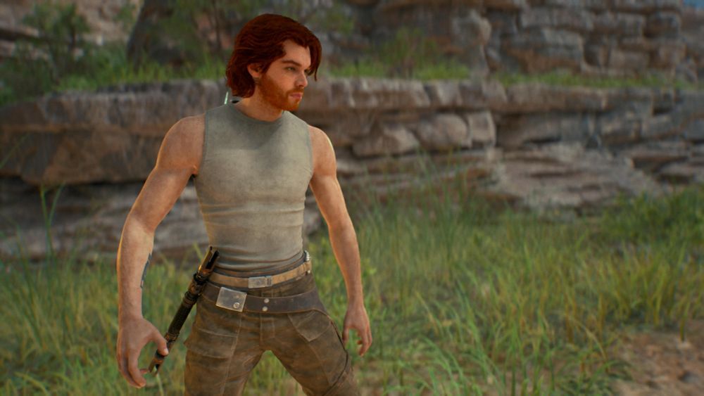 Cal Kestis in a sleeveless shirt in the videogame Star Wars Jedi Survivor