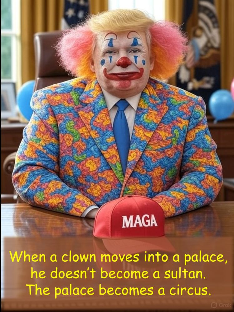 Donald Trump sat behind a desk with full clown make up and suit.  With the words "When a clown moves into a palace, he does not become a sultan.  The palace becomes a circus."