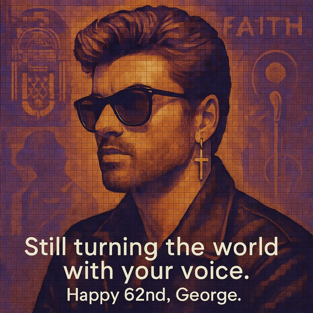A stylized portrait of George Michael wearing his iconic cross shaped earring. In the background are symbols of George's career.  The word "Faith" a 50s style juke box, a leather jacket, a microphone with a halo.