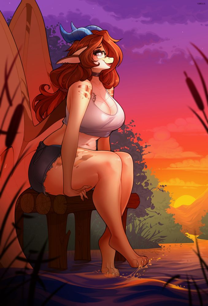 My character sitting on a dock at sunset. Her feet in the water splashing a little. Shes wearing a tank top and shorts