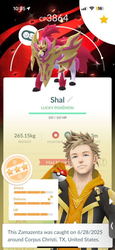 A screenshot of Pokémon go that shows: A shiny, lucky, rare background 3* Zamazenta named Shal.
