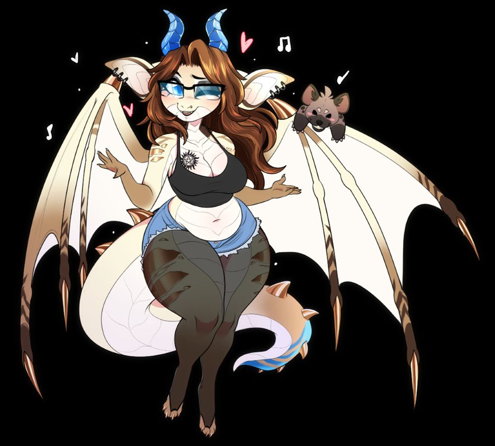 A wonderfully drawn chibi of my Sona dancing to music with her little hyena plushie. She is wearing a black cropped tank top, blue jean shorts, and sheer black stockings.