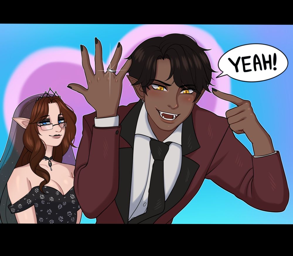Cae and mines ocs in our wedding outfits and he is holding up his ring hand and saying “YEAH” while I’m in the back looking smug